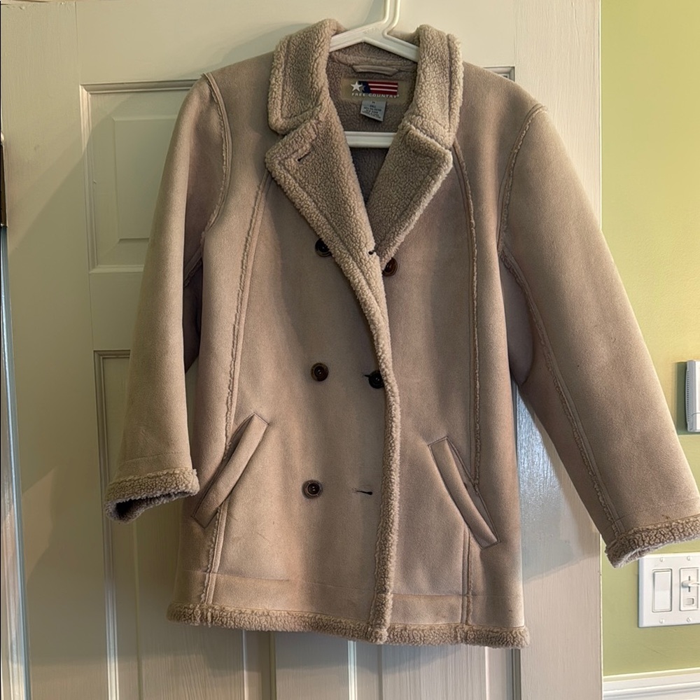 Tan Double-Breasted suede jacket with Sherpa lining
